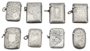 A group of eight Edwardian and later silver vesta cases
