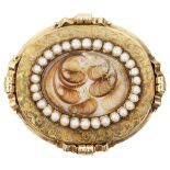 A mid Victorian yellow gold and half pearl memorial brooch