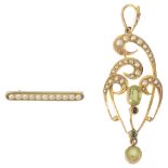 An Edwardian peridot pendant together with a bar brooch