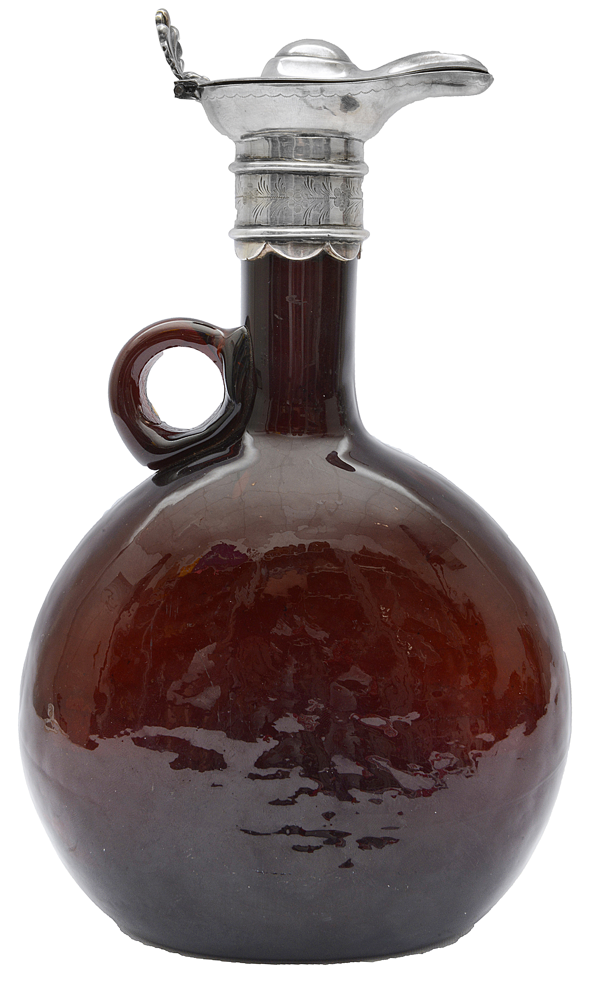 A 19th century continental white metal mounted ruby glass wine flask