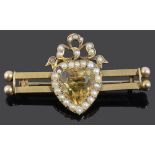 A Victorian citrine and seed pearl ribbon heart set bar brooch