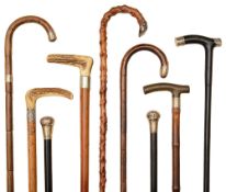 A collection of nine silver mounted walking sticks and canes