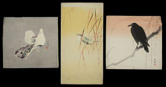 Three Japanese woodblock prints of birds one Okuhara Seiki