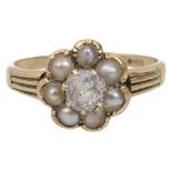 An attractive early Victorian diamond and half pearl cluster ring