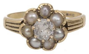 An attractive early Victorian diamond and half pearl cluster ring