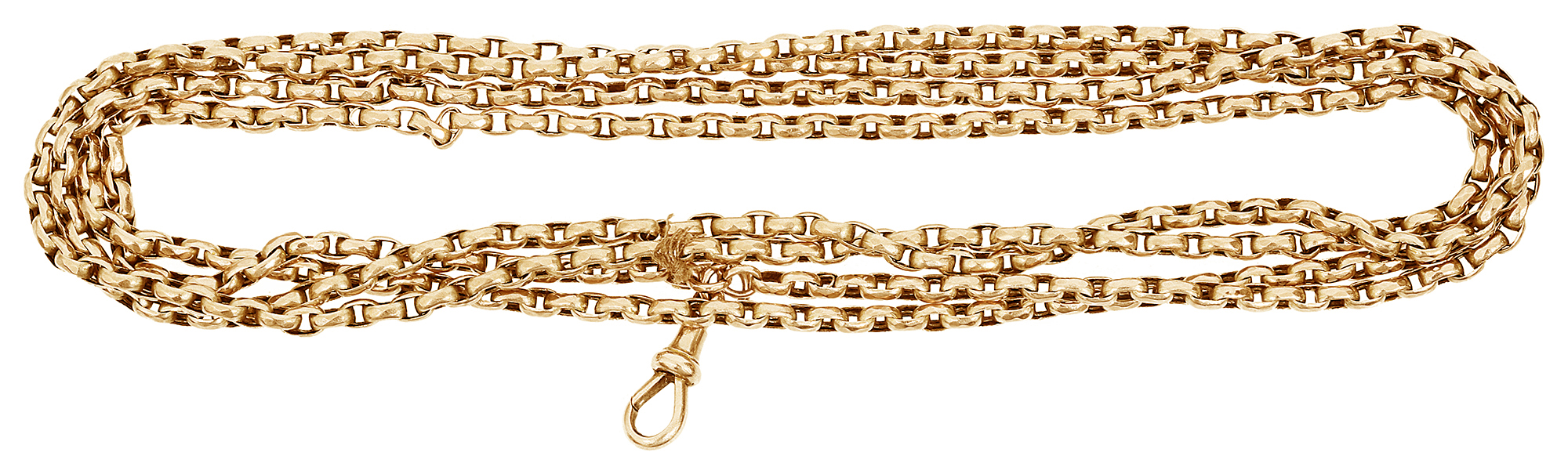 An Edwardian 9ct gold long guard chain