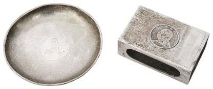 An early 20th century Chinese export silver matchbox cover and a pin dish c.1920