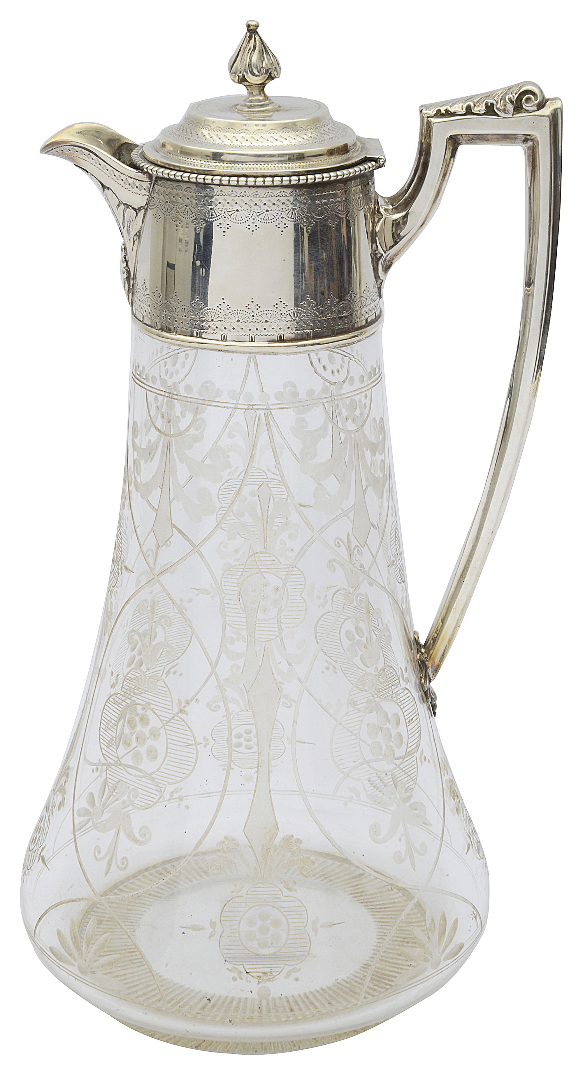 A Victorian silver mounted engraved claret jug