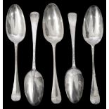 Five George I/II Hanoverian pattern silver tablespoons