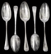Five George I/II Hanoverian pattern silver tablespoons