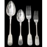 A George III and later silver fiddle pattern six setting canteen of flatware