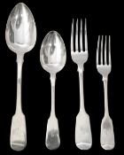 A George III and later silver fiddle pattern six setting canteen of flatware