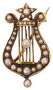 A late Victorian yellow gold and pearl brooch modelled as a classical lyre