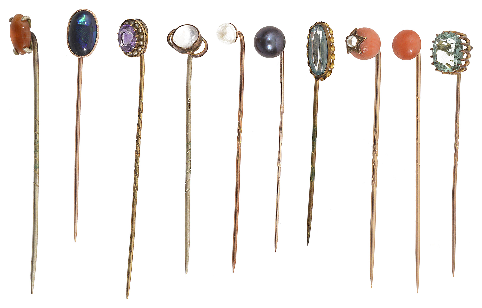 Ten late 19th/early 20th century stick pins