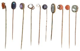 Ten late 19th/early 20th century stick pins