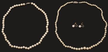 Two cultured pearl necklaces and a pair of cultured pearl ear studs