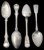 A pair of early Victorian pattern silver tablespoons and a pair of George IV silver tablespoons
