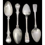 A pair of early Victorian pattern silver tablespoons and a pair of George IV silver tablespoons