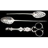 Two George III silver mote spoons and pair of scissor action sugar nips