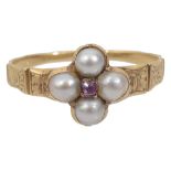 An early Victorian split pearl and ruby ring