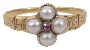 An early Victorian split pearl and ruby ring