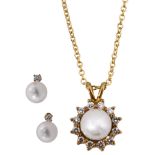 An 18ct gold Tiffany diamond and cultured pearl necklace and earring set