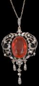 A late 19th/20th century fire opal and diamond pendant and chain