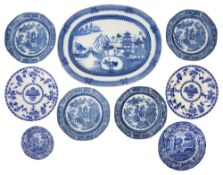 A Pearlware b/w meat platter and a eight 18th/ 19th century b/w plates