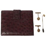 An Asprey ostrich leather wallet, a pair of cufflinks and a 9ct gold pin