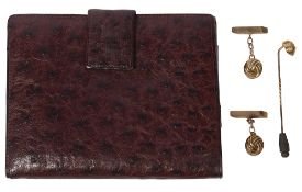 An Asprey ostrich leather wallet, a pair of cufflinks and a 9ct gold pin