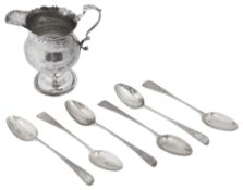 George III silver cream jug and bright cut teaspoons