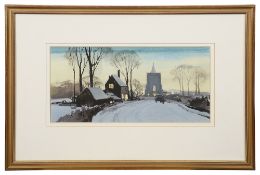 Rowland Hilder (British, 1905-1993), 'Village Church in the Snow' Xmas 1945, watercolour