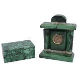 An Art Deco malachite and quartz mantle clock together with malachite box