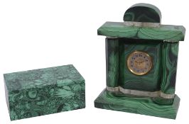 An Art Deco malachite and quartz mantle clock together with malachite box