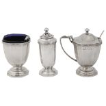 A George V silver three piece cruet set