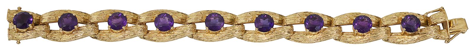 A 1970s amethyst and 9ct yellow gold flexible link bracelet