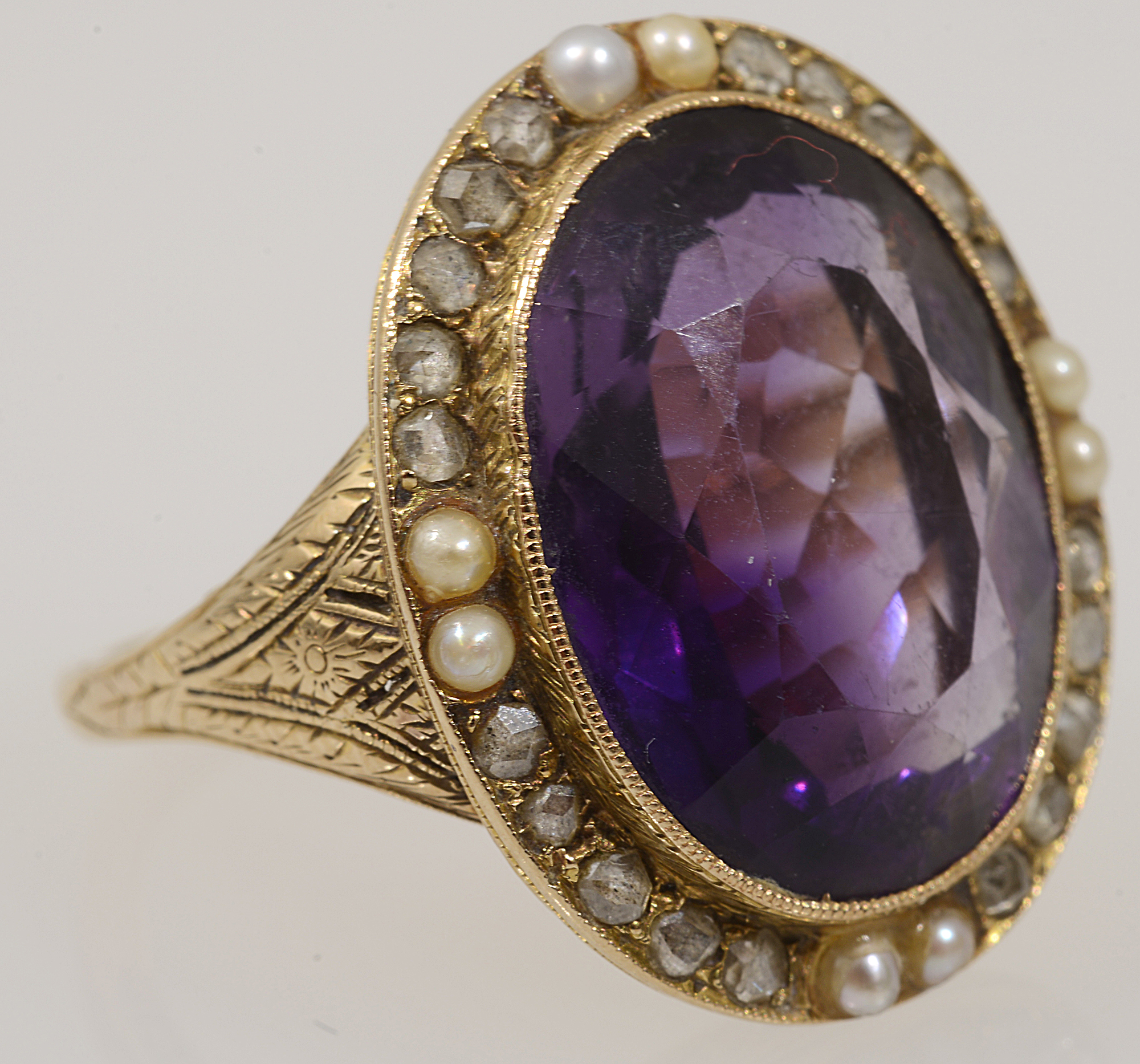 A mid Victorian amethyst, pearl and diamond-set ring - Image 2 of 3