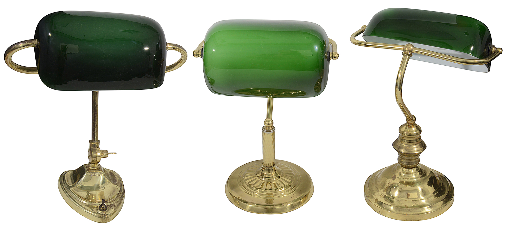 Three vintage bankers desk lamps,