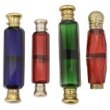 Four Victorian coloured glass double ended scent bottles