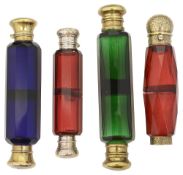 Four Victorian coloured glass double ended scent bottles