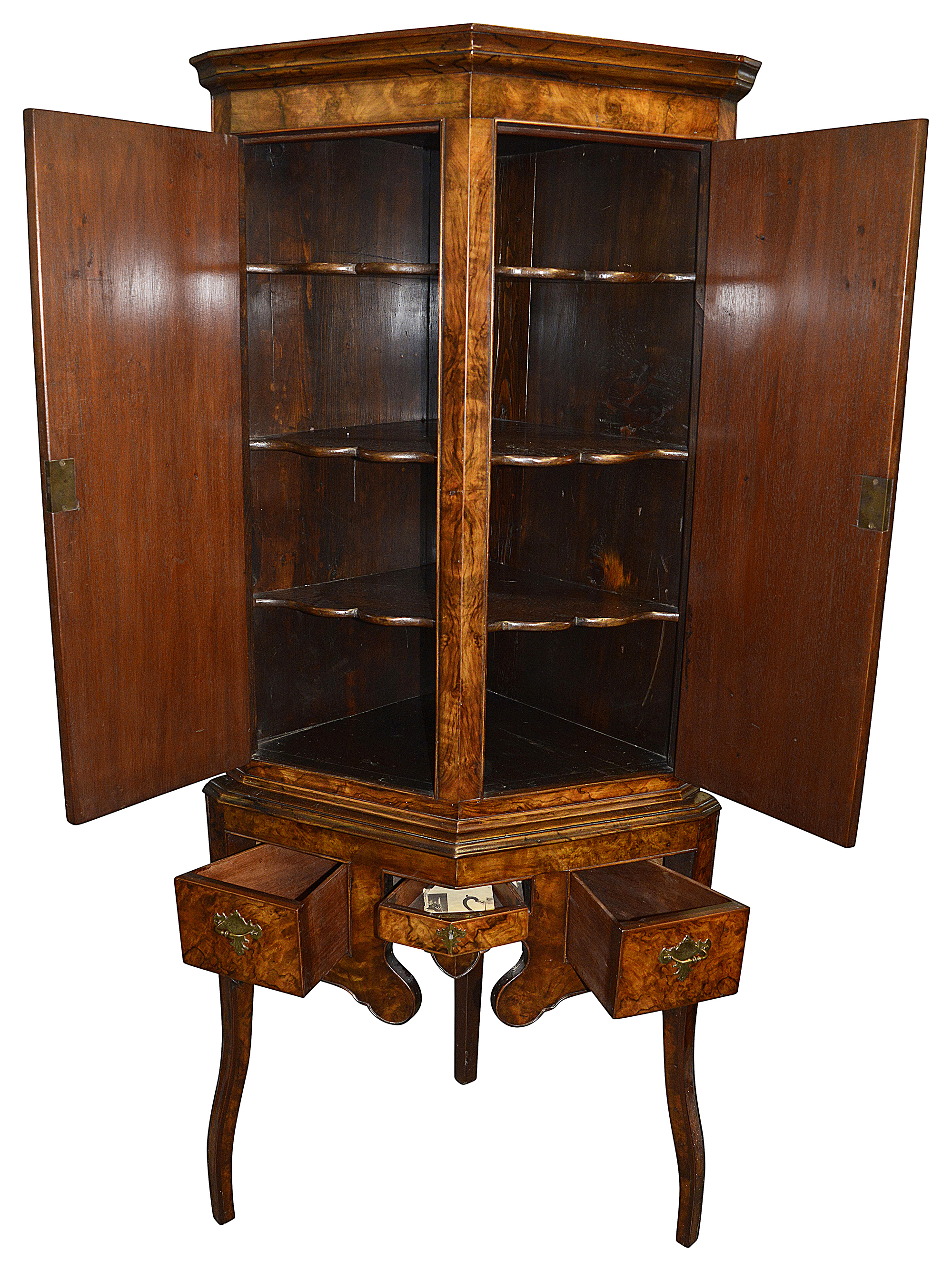 A George II burr walnut canted corner cupboard on stand - Image 2 of 3