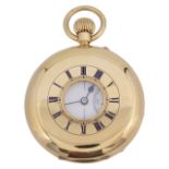 An 18ct gold half hunter keyless pocket watch by J.B. Yabsley