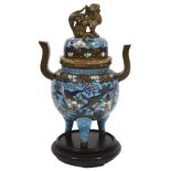 A 19th century Japanese gilt bronze and cloisonne tripod censer and cover