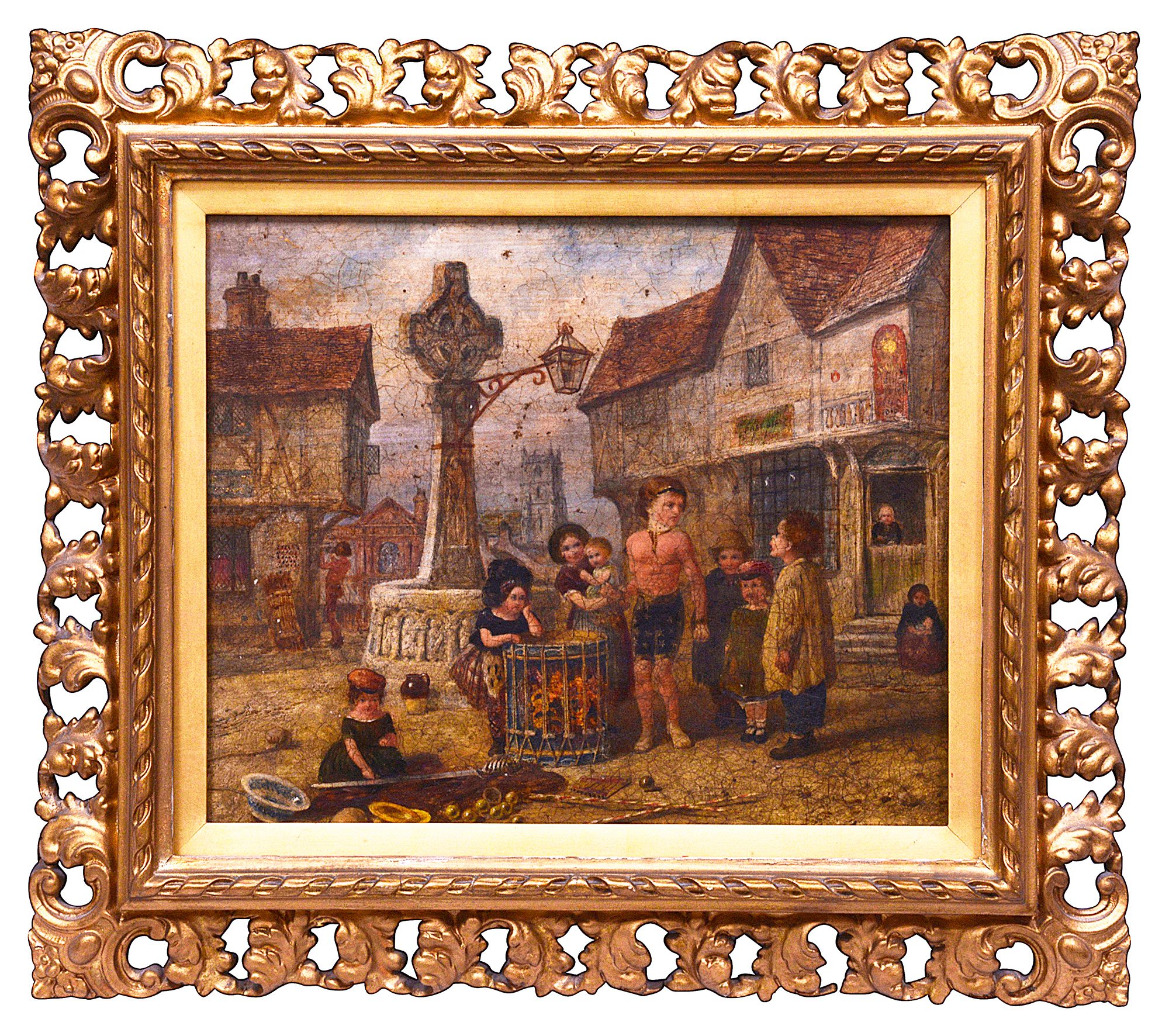 English School (19th century) 'Children in a Town Square', oil on panel