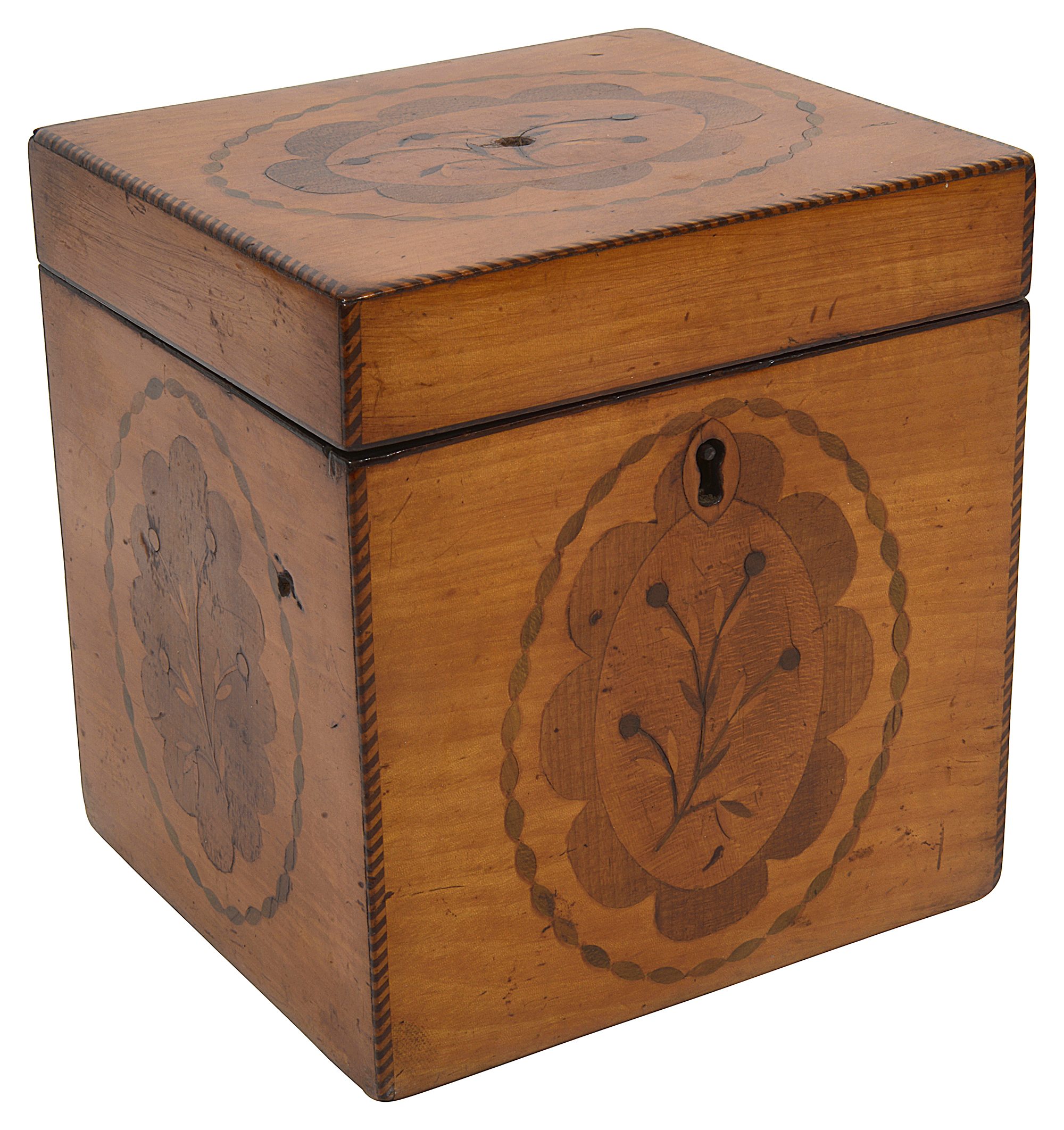 A George III satinwood and marquetry tea caddy c.1790