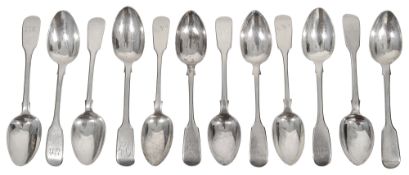 A matched set of twelve early Victorian silver fiddle pattern teaspoons