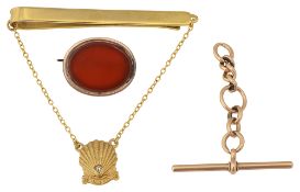 A carnelian brooch, 9ct tie clip and part of a 15ct chain