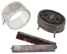 An Edwardian silver and pique inlaid tortoiseshell oval trinket box, and other items