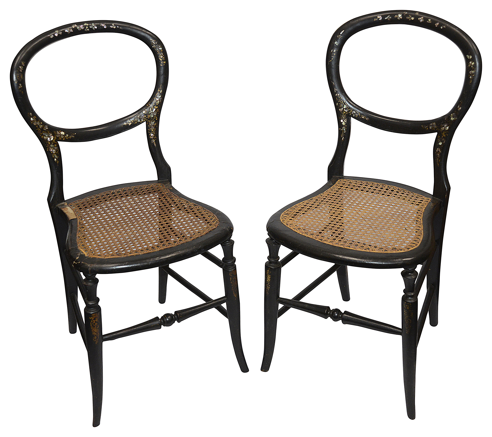 A set of four Victorian mother of pear inlaid ebonised balloon back chairs, - Image 3 of 3