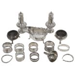 A collection of silver to include a pair George III cauldron salts, others